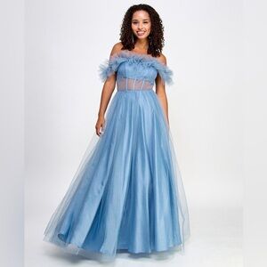 Juniors' Off-The-Shoulder Glitter Tulle Corset Gown